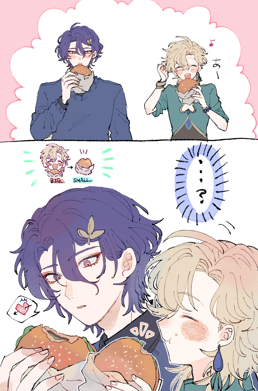 the image is a digital drawing in a soft, slightly chibi anime style. it depicts two young men, one with purple hair and the other with blonde hair.  the first panel shows the purplehaired boy and the blondehaired boy eating burgers separately. the second panel shows the purplehaired boy and the blondehaired boy eating significantly larger burgers than before, sharing and interacting with an almost romantic expression. the blondehaired boy is blushing. there is a small text in the second panel indicating that the size of the burgers changed from small to big.  the overall mood is lighthearted, sweet, and playful, hinting at a developing relationship between the characters. the art style is characterized by soft lines, pastel colors, and expressive eyes.