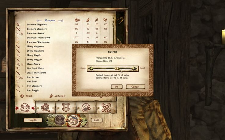 a screenshot of the game the elder scrolls iv: oblivion, showing the player's inventory menu and a dialog box for setting the disposition of a merchant. the player is trying to improve their relationship with the merchant. the disposition slider controls how much the merchant likes the player and is measured on a scale from "very bad" to "very good."