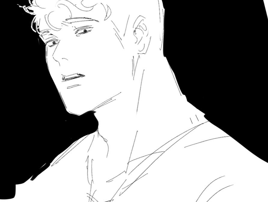this is a black and white sketch of a young man. he appears to be wearing a tshirt. the background is black and the sketch is drawn with thin black lines.  the style of the sketch is loose and expressive, suggesting movement and emotion.