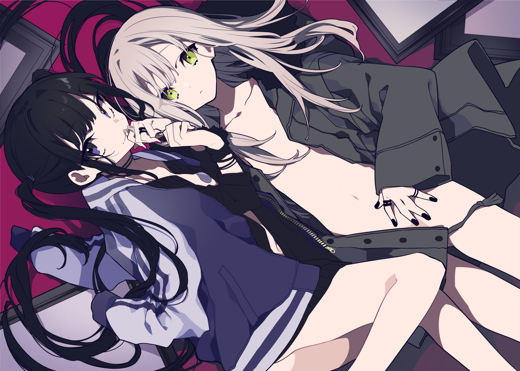 an anime illustration depicts two women lying down together. one woman has black hair and purple eyes, wearing a blue hoodie. the other woman has grey hair and green eyes, wearing an unzipped jacket with exposed skin. the woman in the jacket has black fingernails and is wearing rings on her fingers.