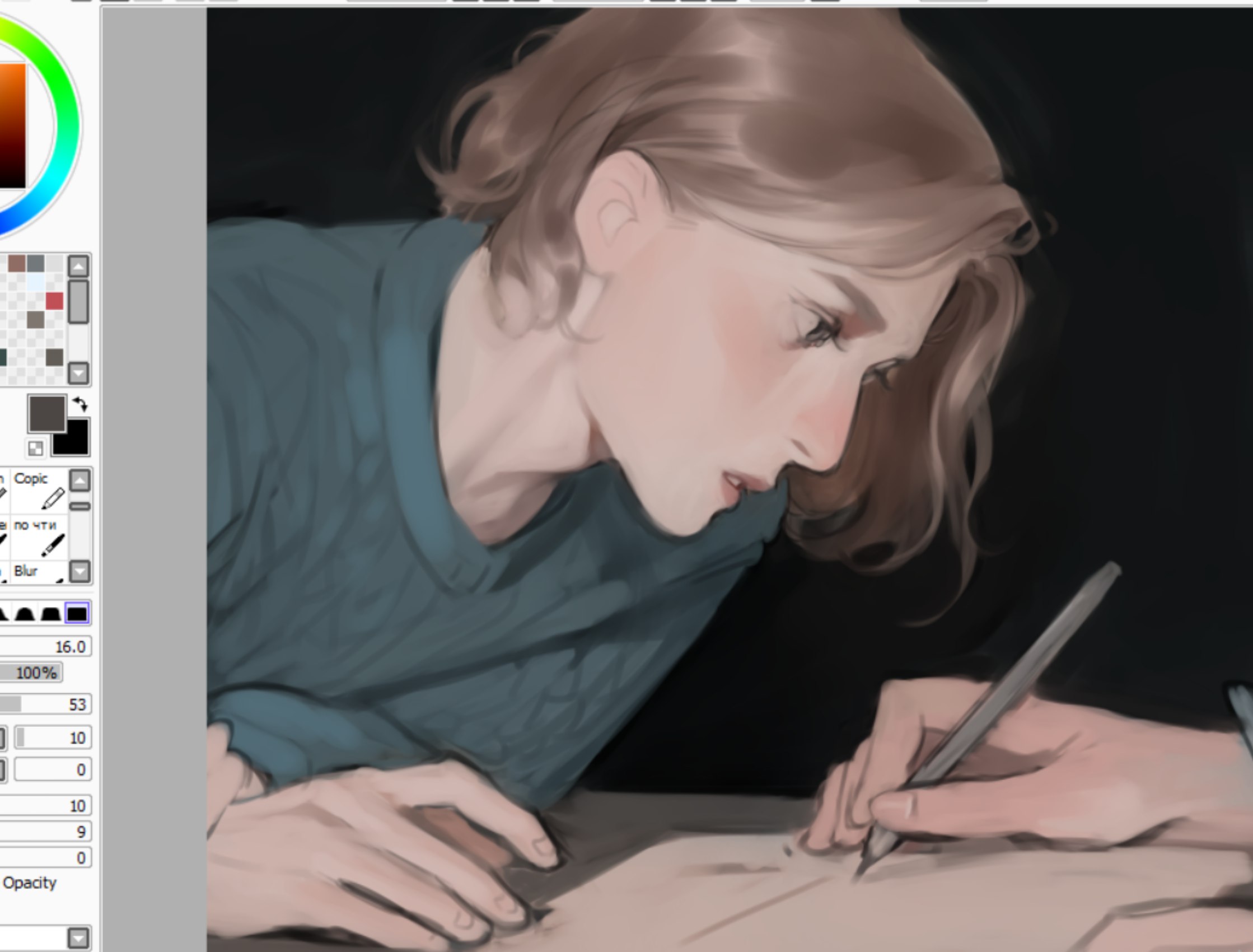 a digital painting of a young man with shoulderlength blonde hair, deeply engrossed in his artwork. he is illuminated by a soft, artificial light that highlights his features and the paper he's working on. the background is dark, drawing focus to the subject and his craft. the closeup perspective and the intensity of his gaze convey a sense of deep concentration and dedication to his art.