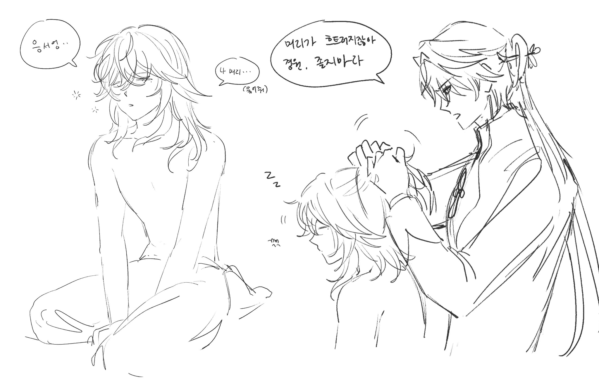 a drawing of two anime boys, one with long blonde hair and one with long black hair. the one with black hair is giving the one with blonde hair a head massage. the one with blonde hair is tired and has their eyes closed, but they look happy. the one with black hair is smiling. the