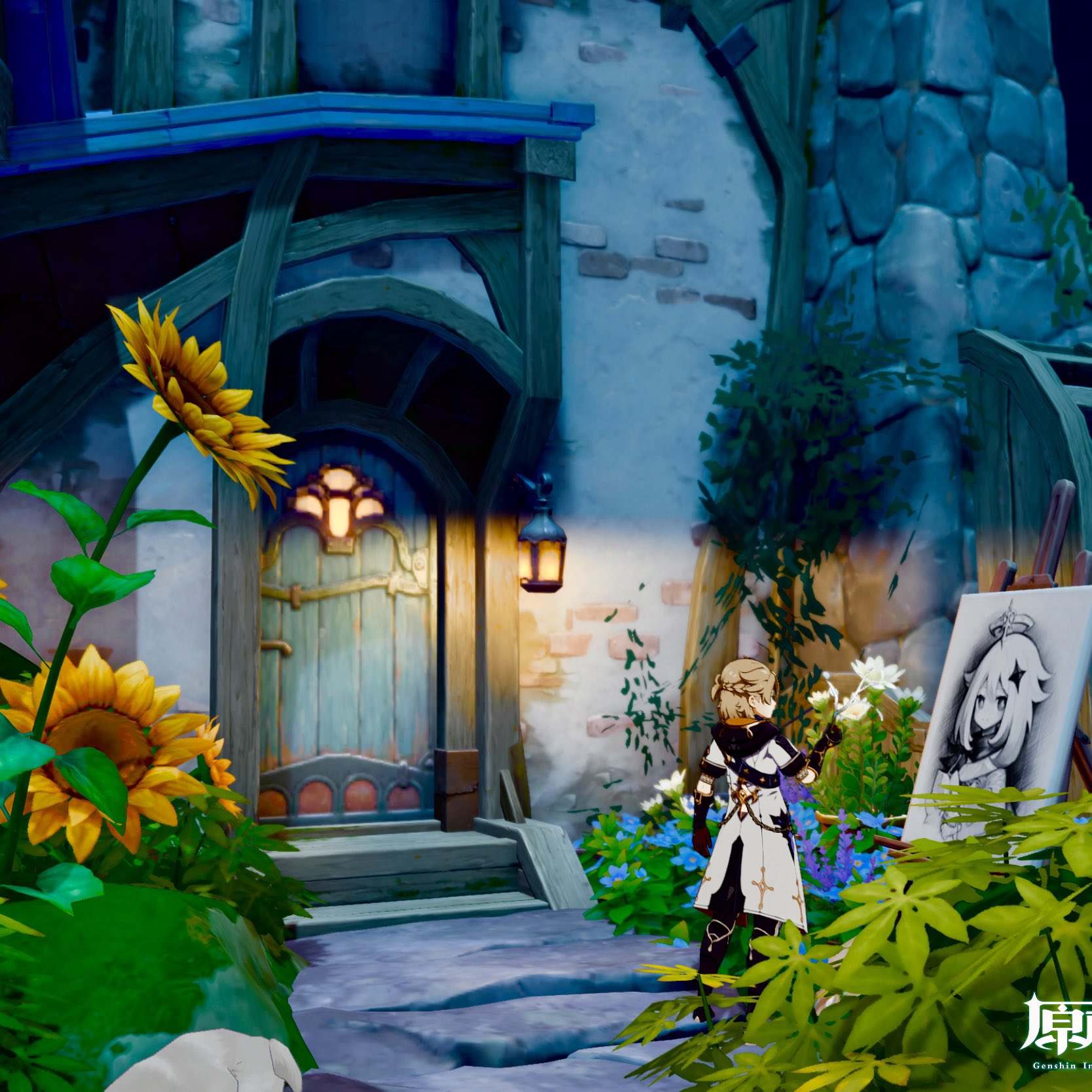the image depicts a scene from the video game genshin impact, featuring the character klee. she is standing in front of an easel, seemingly painting a picture of herself. the setting is a charming, whimsical house with a quaint door and a garden filled with sunflowers and other flowers. the overall atmosphere is peaceful and magical, with warm lighting creating a cozy and inviting mood. the style is consistent with the anime/mangainspired art style of the game.