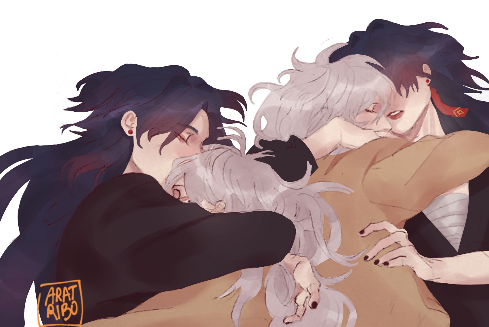 the image depicts an anime couple hugging each other tightly. the female character is hugging the male character from behind. both have long flowing hair. they are both smiling and look very happy together. the background is a simple white, which makes the focus of the image on the couple.