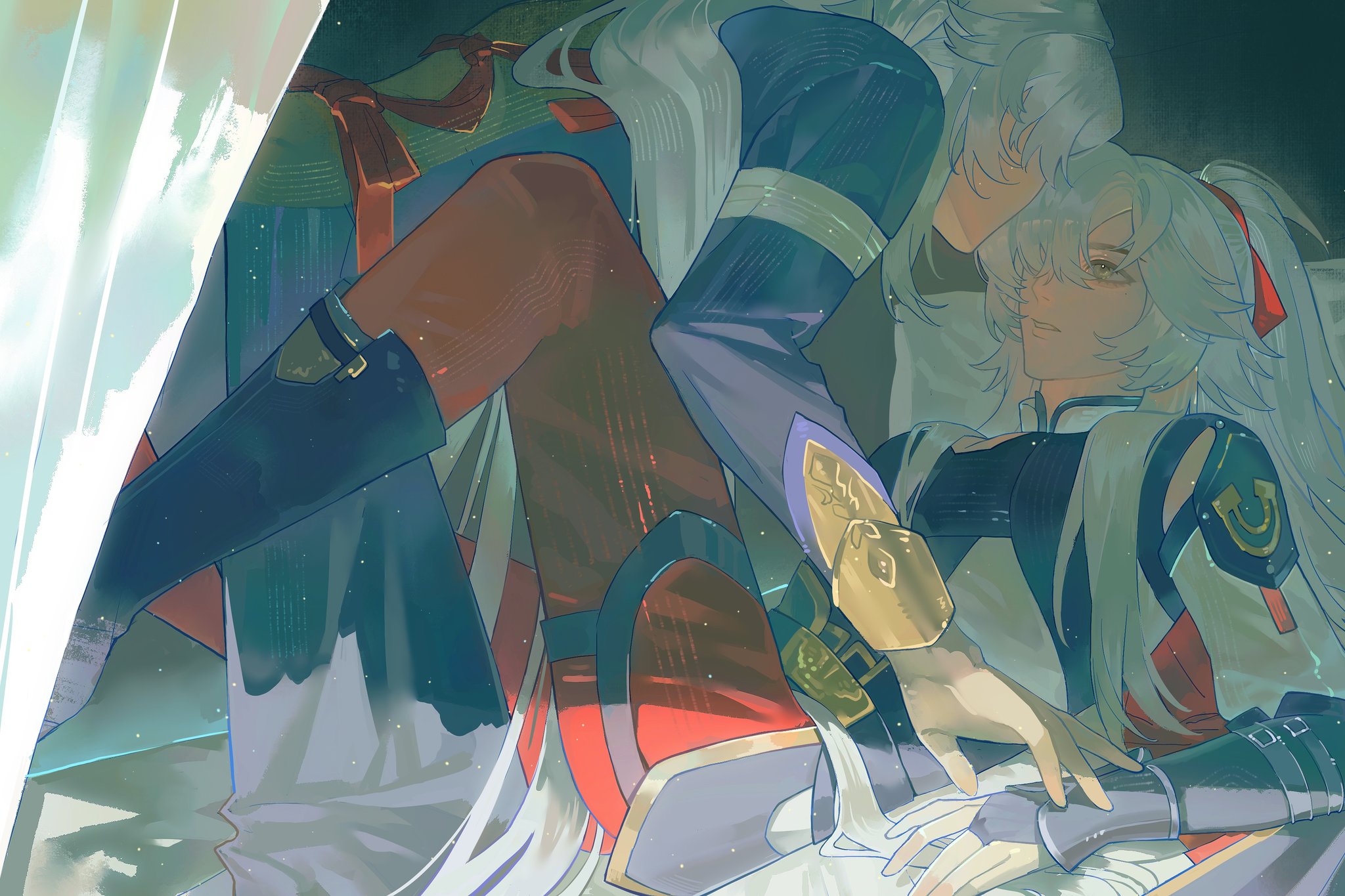 the artwork depicts a romantic scene between two animestyle characters, likely fanart from a game like genshin impact due to the art style and character designs. one figure, appearing male, has long white hair and is draped over the other, who appears female. they are intimately close, with the male character's head resting near the female's neck or shoulder. the female character reclines somewhat passively while the male character appears more active but gentle. they are dressed in elaborate clothing reminiscent of fantasy settings, with elements of armor and detailed designs present. the overall color palette is soft, primarily using pastel shades of teal, purple, red, and white, creating a tranquil and gentle atmosphere. the lighting is subdued and atmospheric, adding to the peaceful and intimate mood of the image. a light source suggests a soft glow from the upper left that gives a ethereal quality.