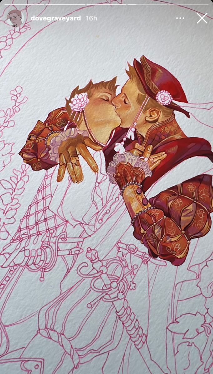 the image is a closeup photograph of a digital painting or illustration in progress. the artwork depicts a samesex couple, dressed in elaborate, historicallyinspired clothing reminiscent of medieval or renaissance attire, embracing and kissing.  the clothing is richly detailed with ornate patterns and embellishments.  a light pink underdrawing is visible, outlining the figures and suggesting the artist is working with digital tools. the background features stylized floral motifs.  the artist's instagram handle, "dovegraveyard," and a timestamp are visible at the top. the overall style is romantic and fantastical.
