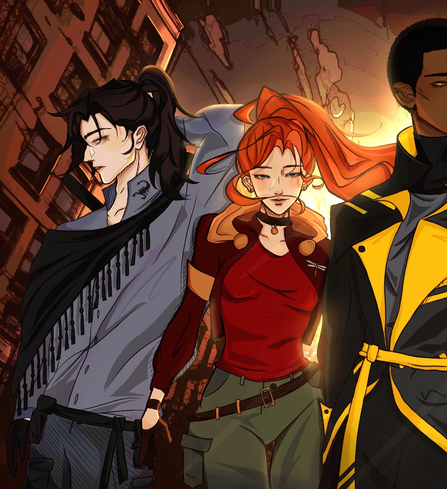 the image is a digital illustration or drawing in an anime/manga style depicting three young adult characters in a postapocalyptic or dystopian urban setting. the background features a ruined cityscape with decaying buildings.  the characters are stylistically rendered with vibrant colors and distinct designs.the central figure is a young woman with long orange hair, wearing a red shirt and olivegreen cargo pants.  to her left is a young man with long dark hair tied back, dressed in a gray shirt and black scarf. to the right, a young man with short dark hair wears a black and yellow jacket. the overall style suggests a graphic novel or comic book scene. the characters’ expressions and poses hint at a narrative of collaboration or shared purpose.