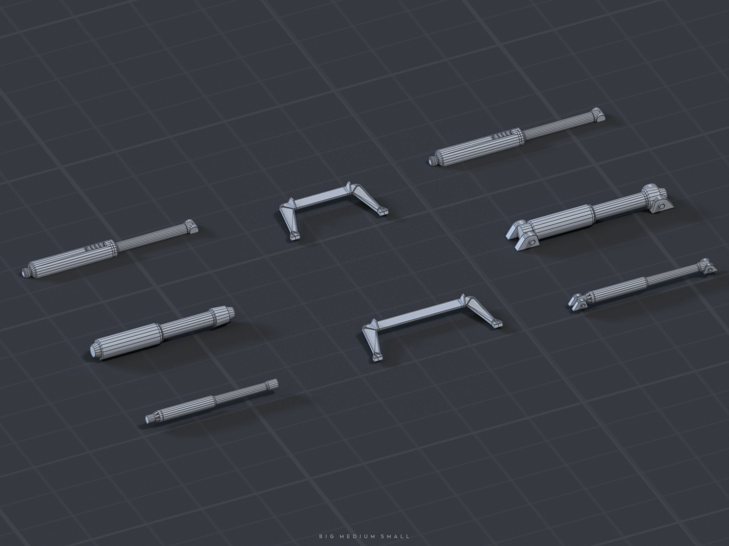 the image shows a 3d wireframe rendering of various small and mediumsized mechanical parts, specifically resembling hydraulic cylinders or actuators. these parts are displayed on a dark grey gridded background and presented in an isometric view. there are different sizes of cylinders and what appear to be small connecting struts or suspension components. the overall impression is a technical representation suitable for engineering or design purposes, suggesting multiple components with varying lengths. the text "big medium small" suggests the size variation.