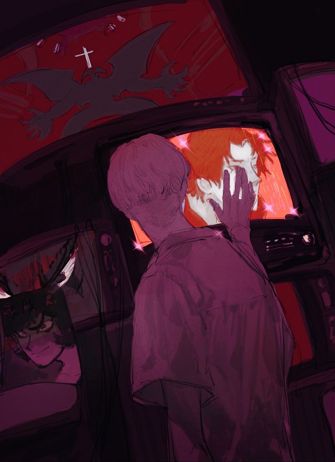 a young man watches television in a dark room. the man is worried and sad and seems to be watching a show about death or something sad. there is a black figure with wings and a cross on his chest in the television screen. the man is wearing a purple shirt. the image is in dark colors and makes the viewer feel uneasy.