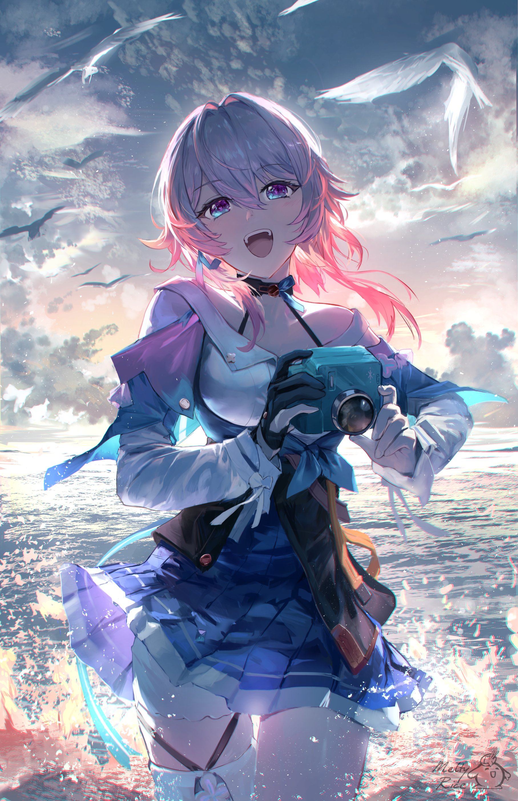 the image depicts a cheerful anime girl with lavender and pink hair standing on a beach at sunset. she's holding a tealcolored camera, seemingly enjoying the moment. she's dressed in a blue and white outfit, which includes a pleated skirt and white socks.  the background features a vibrant sunset sky with birds flying overhead and gentle ocean waves. the overall style is vibrant and detailed, suggestive of digital fanart. the girl's expression is joyful and her pose is dynamic.