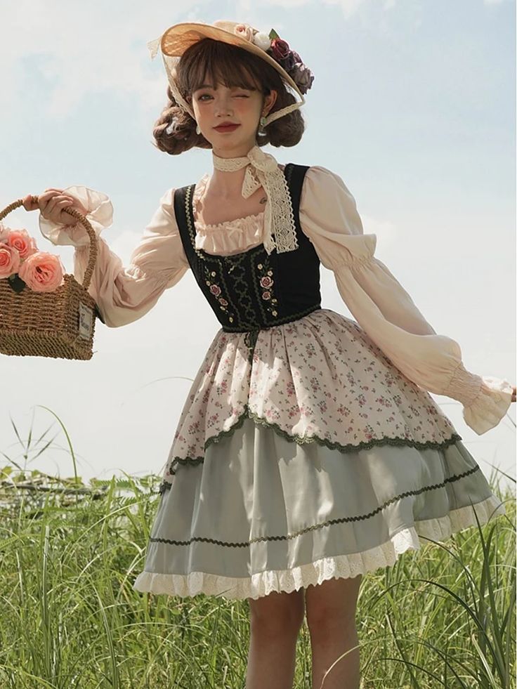 a young woman poses in a field, wearing a vintageinspired dress and a straw hat. she is holding a wicker basket with flowers in her hand. the dress is a light green and white floral print with a black bodice. she is smiling and looking away from the camera. the background is a field of green grass and blue sky. the overall aesthetic of the image is romantic, feminine, and whimsical.