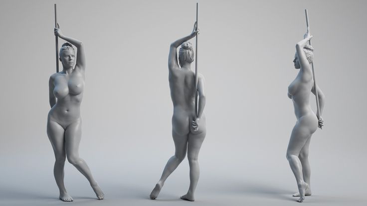 three identical graytoned 3d female figure sculptures are positioned in a line against a light gray backdrop. they are each delicately holding onto a thin pole with one hand and striking different graceful poses. the figures are depicted in a classical, nude style reminiscent of ancient greek statues, emphasizing their form and anatomy. the soft, even lighting eliminates harsh shadows, highlighting the contours and details of their bodies. the image provides a clear view of the sculptures from various angles, making it suitable for artistic reference or anatomical study.
