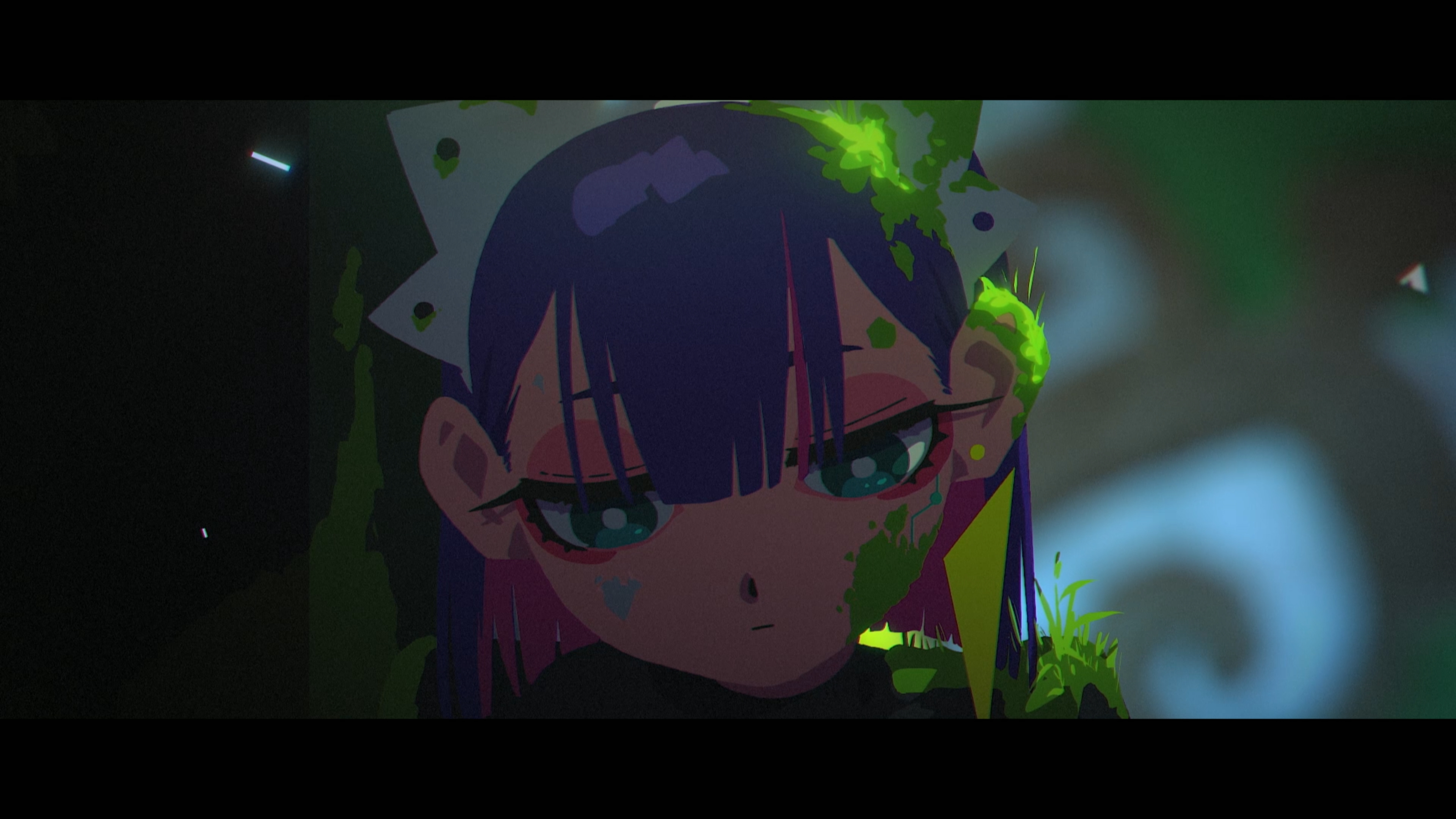 the image showcases a closeup portrait of a young anime girl with purple hair and striking blue eyes. she wears a black and white headdress reminiscent of a maid's cap, adorned with starshaped details. her expression is serious, bordering on sullen. notably, her face and surroundings are splattered with glowing green paint, possibly neon graffiti, which adds a gritty and cyberpunkesque element to the overall composition. the background features blurred neon lights and hints of urban architecture, suggesting a nighttime city setting. the use of vibrant colors against a dark backdrop creates a visually arresting contrast and emphasizes the girl's stoic demeanor.