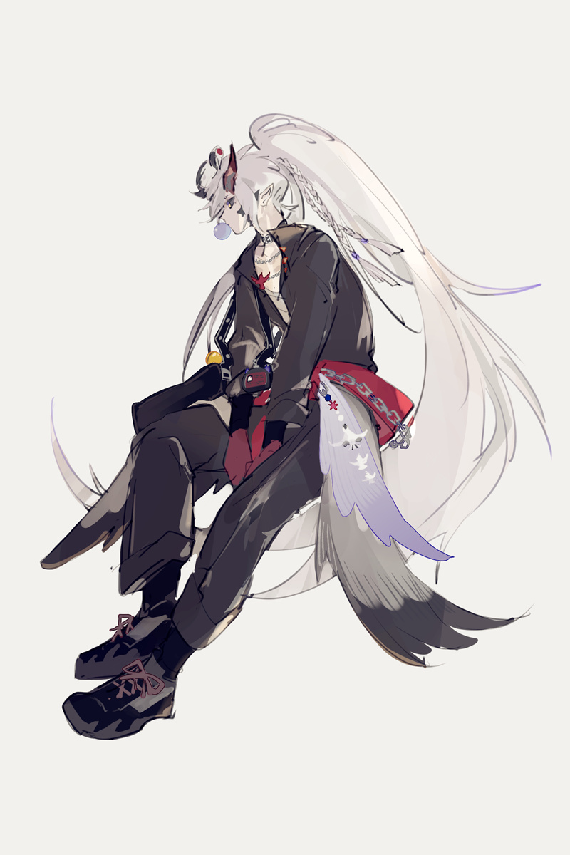 the image is a digital illustration of an anime character with white hair and white wings. they are sitting in a relaxed pose, wearing a black jacket, red scarf, and black pants. the character has a cool and stylish appearance with a futuristic feel. the image is set in a fantastical and ethereal environment with soft lighting and subtle details.