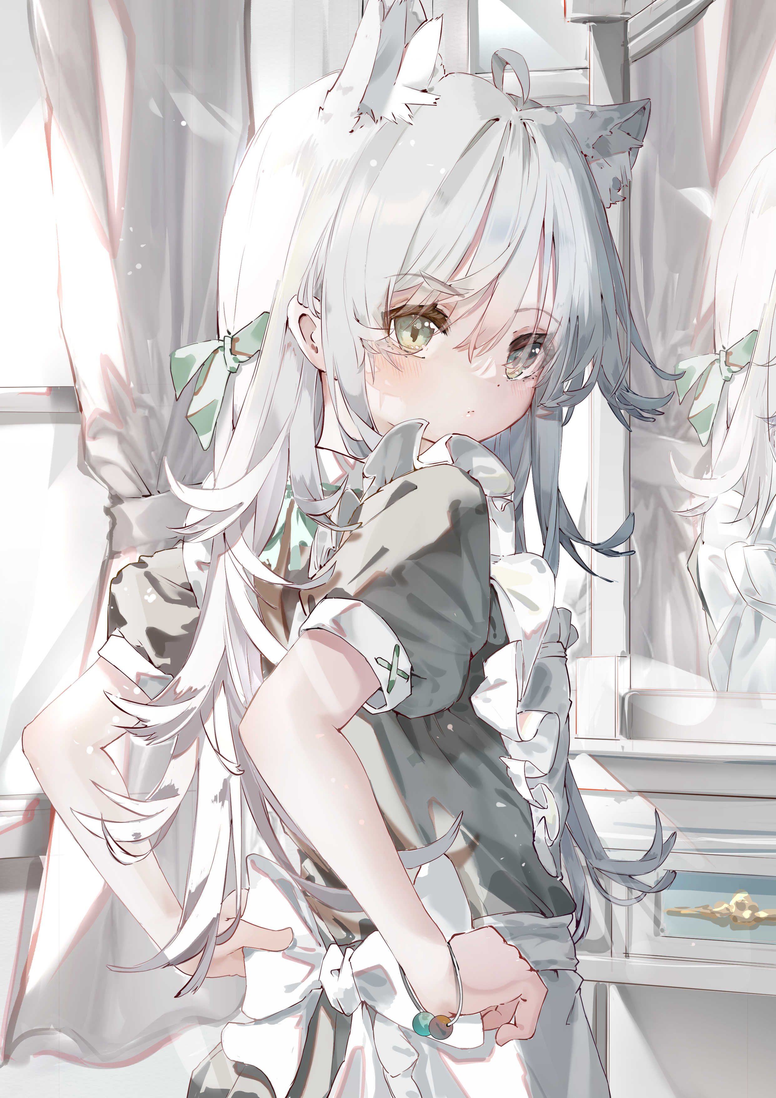 the image is a digital artwork featuring an animestyle girl with long, flowing white hair and cat ears. she is wearing a grey maid outfit with a white apron and bows. the girl is standing in front of a mirror, looking at her reflection. the overall style of the artwork is soft and elegant, with a delicate color palette. the background is blurry and features white curtains and a lightcolored dresser. the girl's expression is calm and serene.