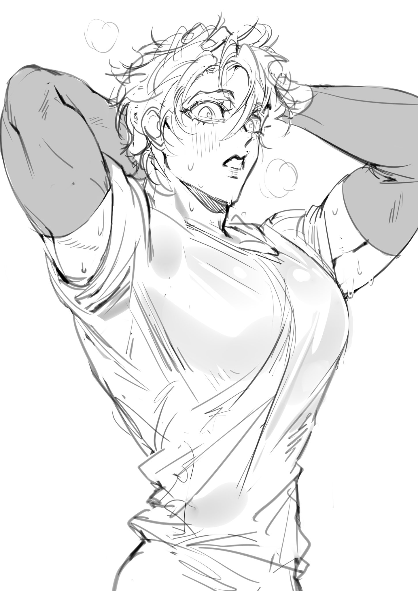 a handdrawn sketch of an anime girl with blond hair and a sleeveless shirt. she's covering her face with her hands, looking sad and tired.