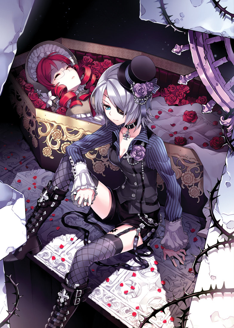 the image features a gothic lolitastyle girl sitting on a stone platform beside an ornate coffin. the coffin is filled with red roses and contains another girl with red hair, seemingly deceased. the sitting girl has short silver hair with a black top hat adorned with purple roses, a black and blue striped jacket, and black and purple gothic lolita attire. thorny vines and clock gears frame the background, hinting at themes of time and mortality. the lighting is dramatic, with a spotlight effect on the silverhaired girl and the scene steeped in dark shadows.