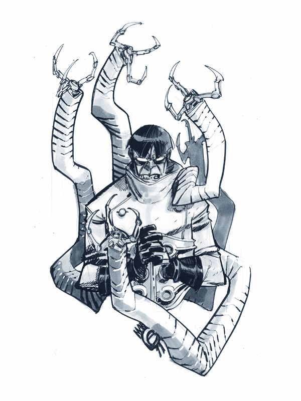 a black and white drawing of doctor octopus from the marvel comics universe. he is depicted with his four mechanical tentacles and a classic brooding expression on his face.