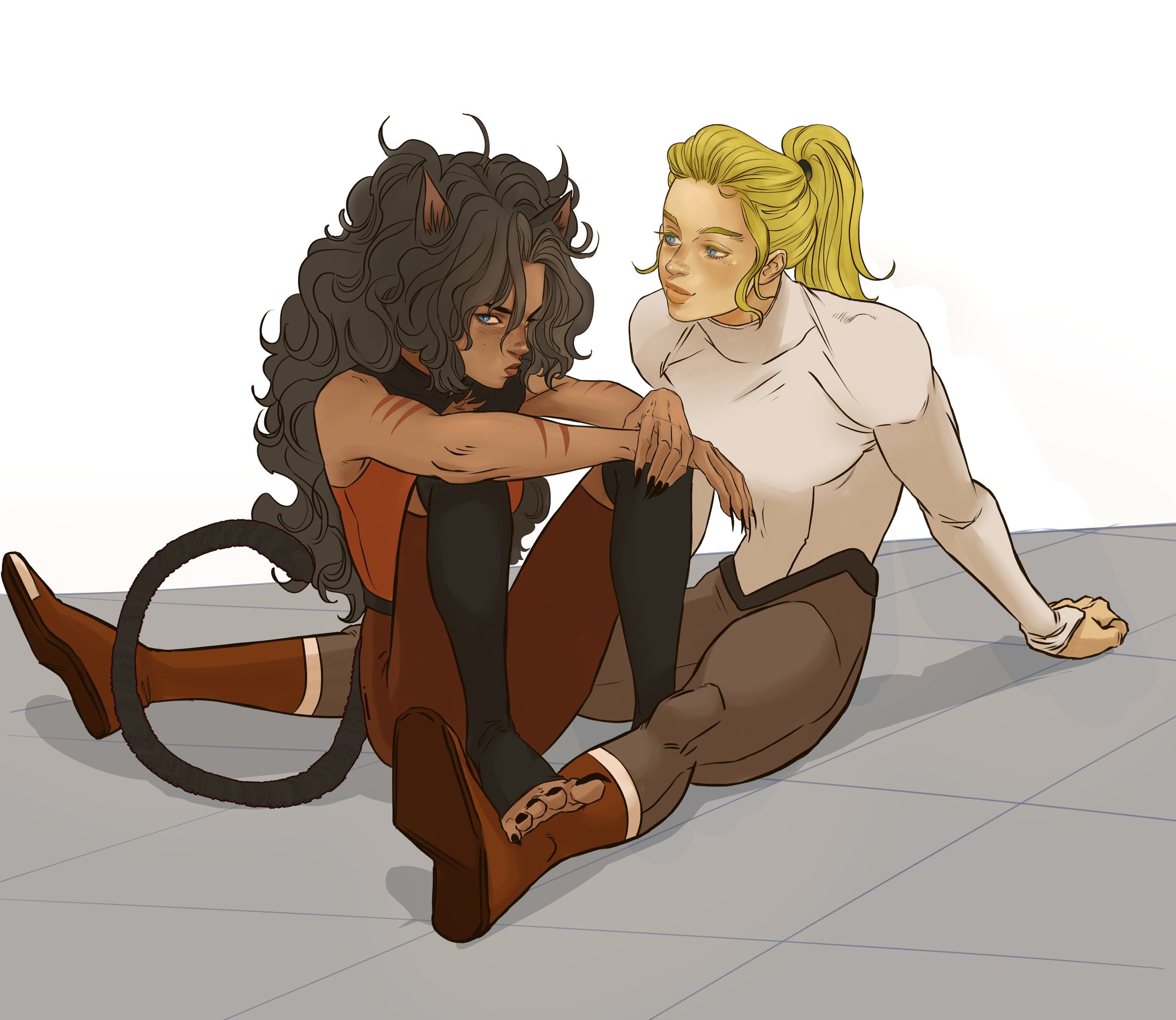 the image shows a digital illustration of shera and catra sitting crosslegged together on a grey tiled floor. catra, on the left, has brown skin, long curly black hair, cat ears, and a tail. she wears a red bodysuit, brown boots with tan cuffs, and black thighhigh socks. she has long black fingernails and tiger stripes on her arms and face. shera, on the right, has blonde hair pulled back into a ponytail, fair skin, and wears a white longsleeved shirt and brown pants. she is looking towards catra.