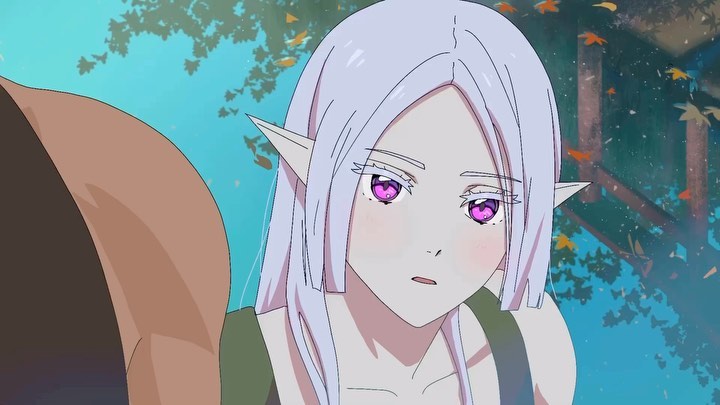 loseup animestyle portrait of a young elf girl with long, flowing white hair and striking purple eyes. she has pointed ears, characteristic of an elf. she appears calm and slightly serious, her expression thoughtful.  the background is a blurred, pasteltoned outdoor scene with leaves suggesting a peaceful, natural setting.  part of a larger figure (possibly a man's arm and shoulder) is visible in the lower left corner. the overall style leans towards a soft, dreamy aesthetic.