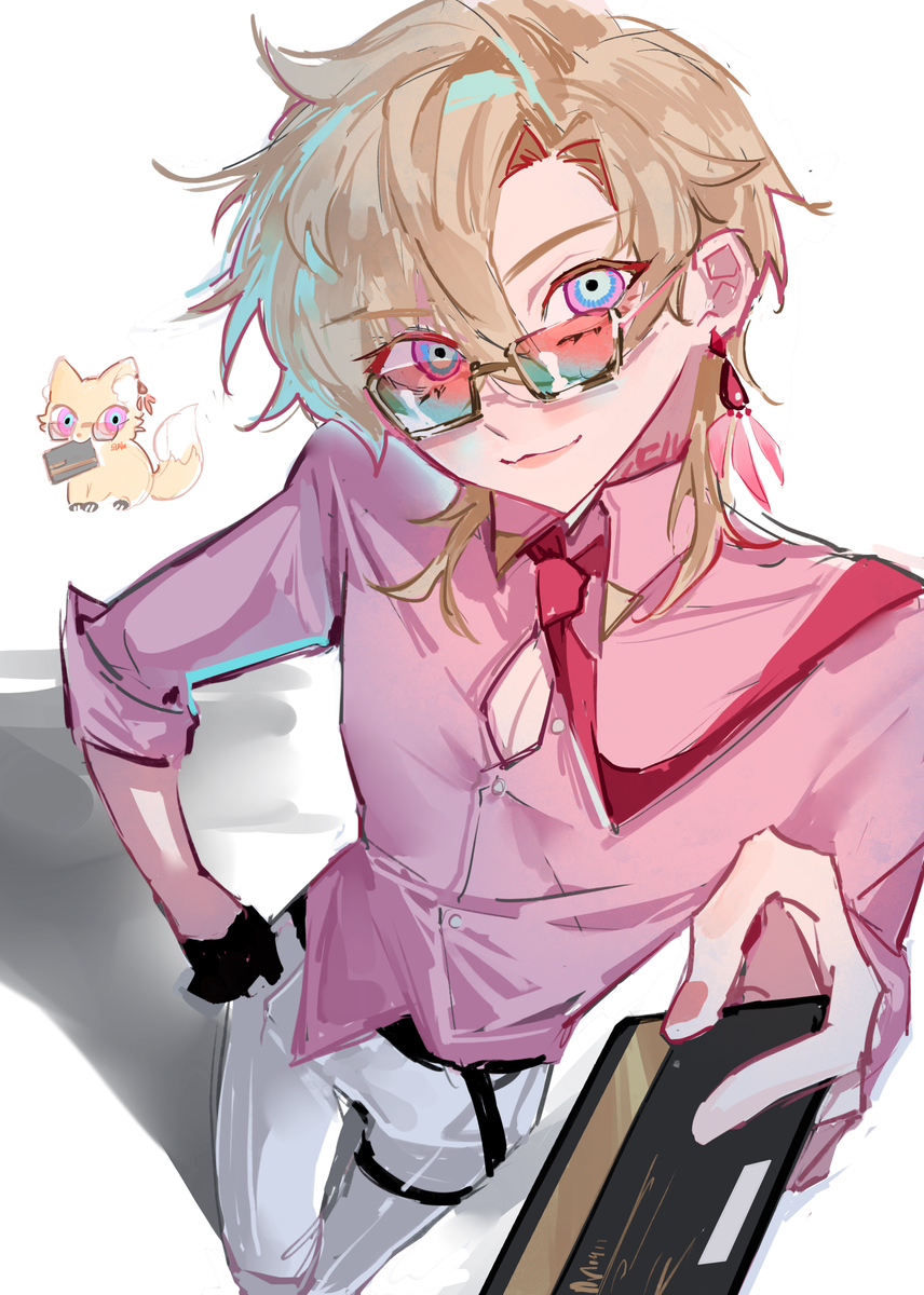a cartoon illustration of a male anime character. he is wearing a pink button up shirt, white pants, red tie, and sunglasses with red tints. he is holding a card in his right hand while his left hand is in his pocket. he is smiling and has a cute and friendly expression. there is a small cat in the top left hand corner of the picture wearing glasses and holding a black card.