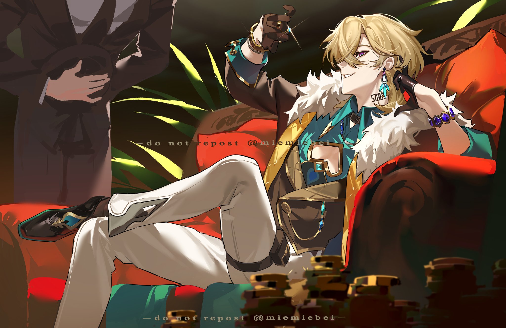 this is an illustration of an anime character in an extravagant setting. the male character is seated in a plush, red and gold chair.  he wears an elaborate costume with white, blue, gold, and green accents, and a bold, confident expression. there are numerous gold coins strewn around him, suggesting luxury and wealth.