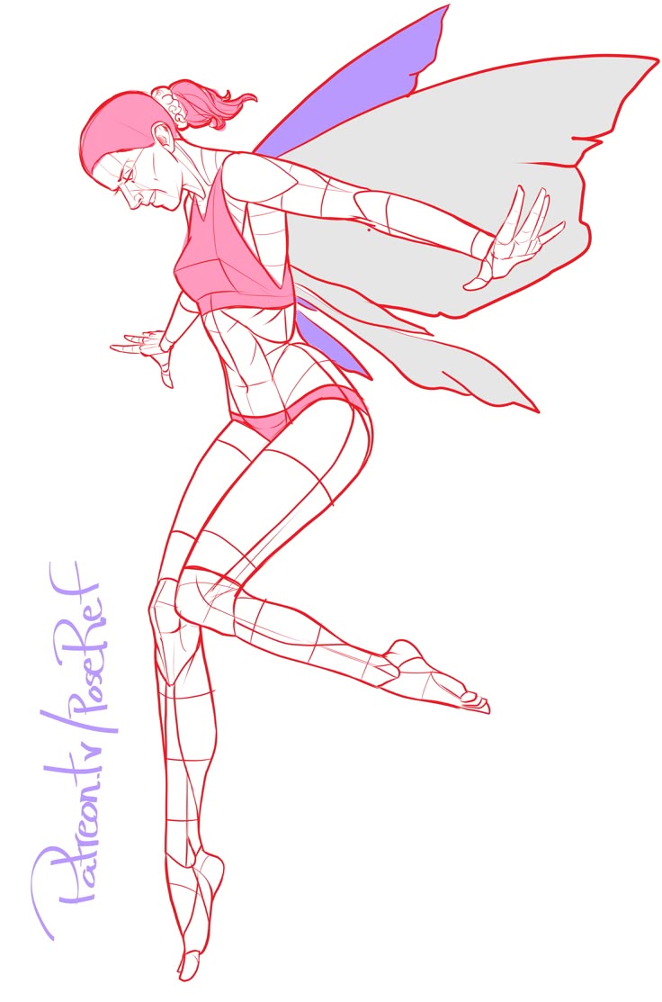 a sketch of a female fairy in a dynamic pose. the fairy has wings, and is wearing a pink top and bottom. the drawing is a reference for figure drawing, with anatomical lines shown. the sketch is in a light red color.