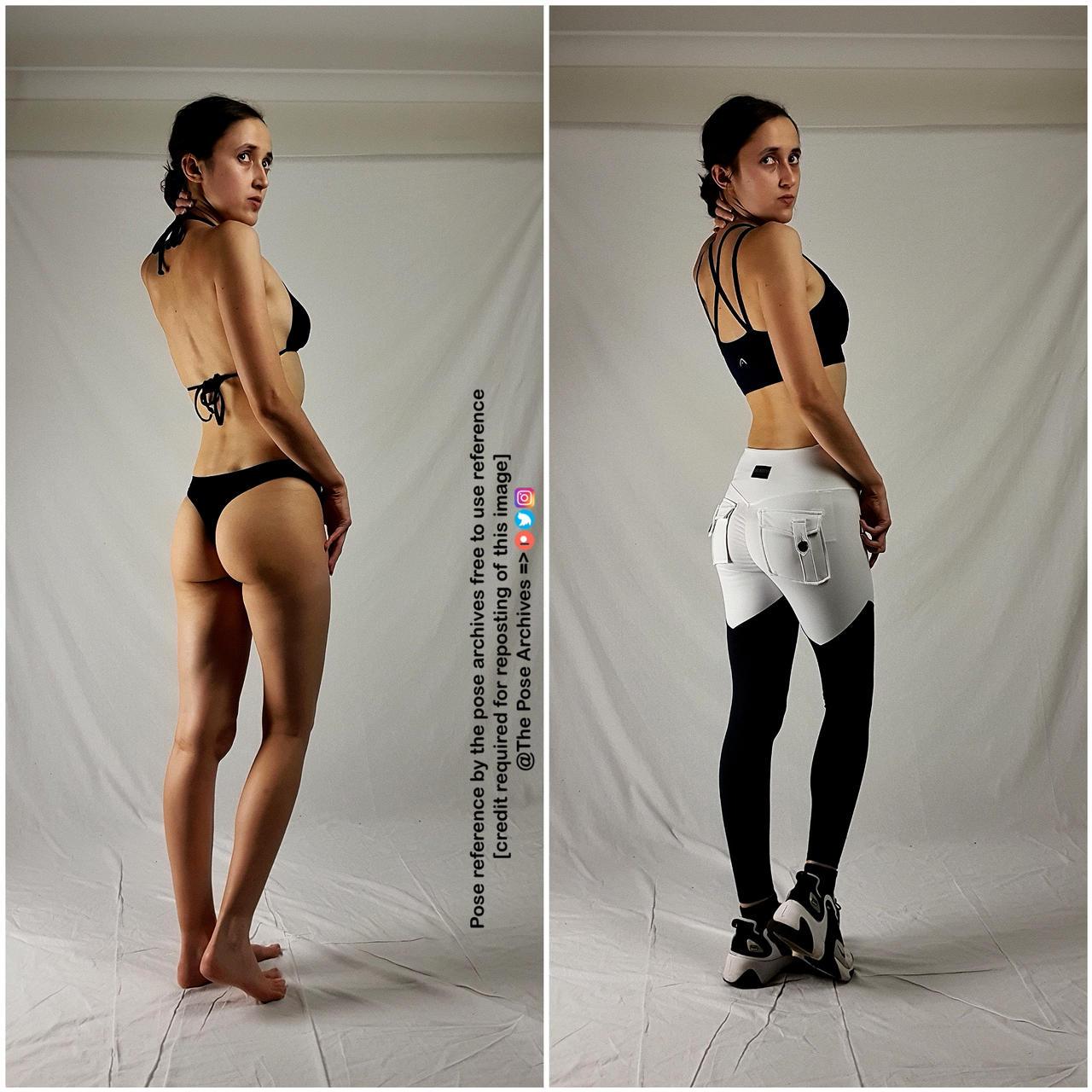 a diptych image features a young woman in two different outfits, showcasing the same pose against a plain white background. in the left image, she wears a black bikini, while in the right image, she sports a black sports bra, white and black leggings, and sneakers. the images are likely intended as references for artists.