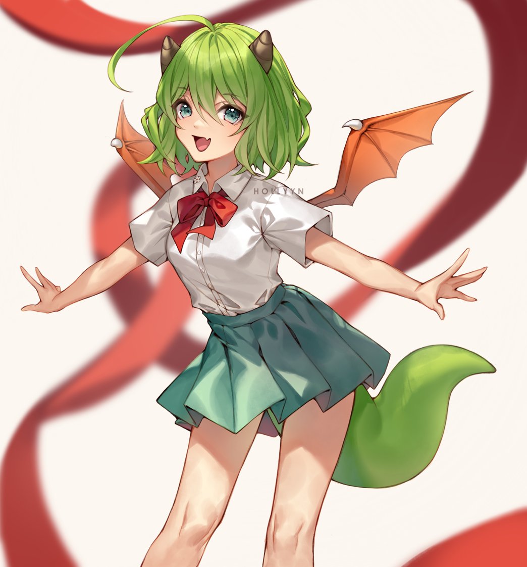 an animestyle illustration of a girl with green hair, small brown horns, and orangered wings. she is wearing a white shortsleeved shirt with a red ribbon tie and a green pleated skirt, resembling a school uniform. she also has a large green tail. the girl is smiling with her arms outstretched. a large blurred red ribbon is in the background.