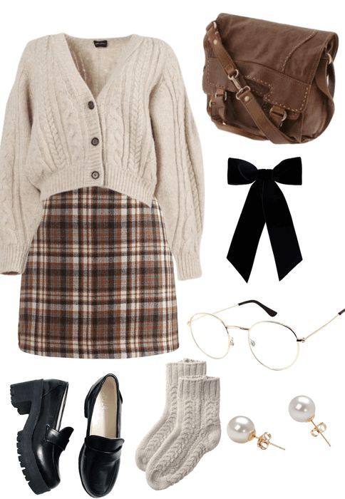 the image shows a collection of items creating a vintage or preppy outfit. it includes a beige cable knit cardigan, a brown plaid mini skirt, a brown leather handbag, a black velvet bow, round gold wirerimmed glasses, cable knit socks, black leather loafers (one with a chunky platform), and pearl stud earrings.
