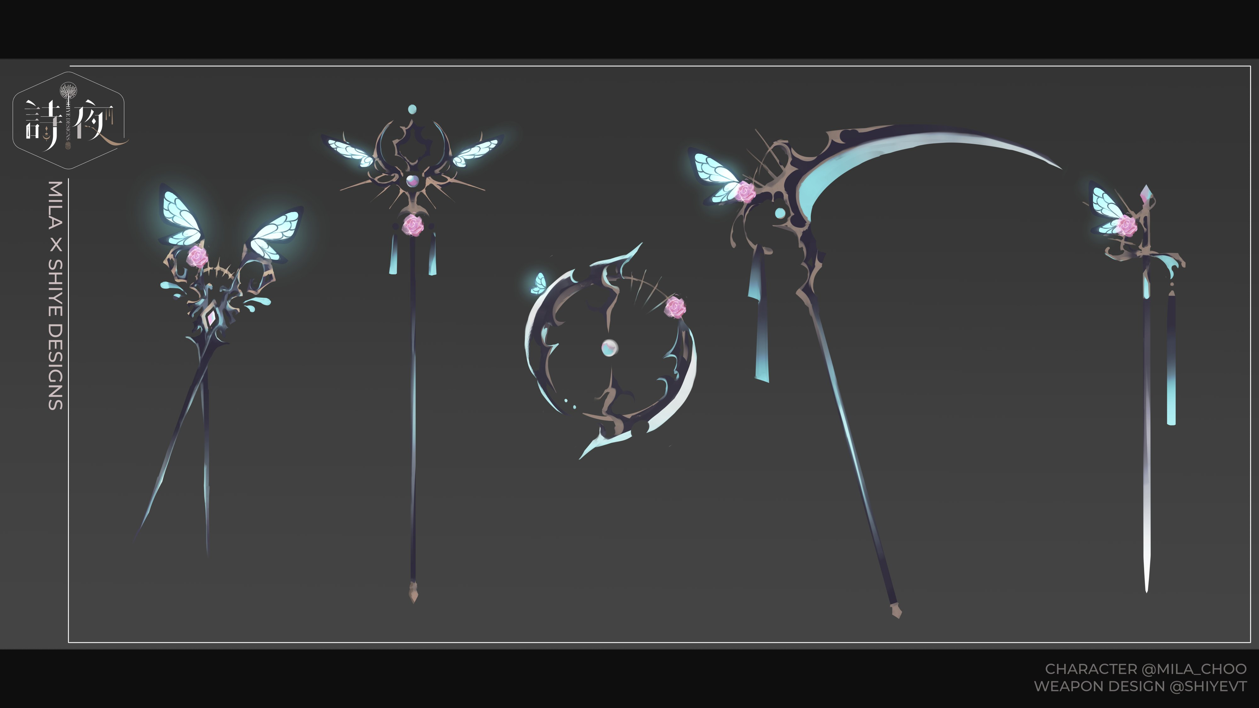 the image showcases a set of concept art for fantasy weapons. there are three distinct designs presented: a scythe, a staff, and a shield. all three items share a similar aesthetic, incorporating intricate metalwork with glowing blue accents and delicate butterfly motifs. the scythe is long and curved, featuring a large, ornate blade with a butterfly perched atop it. the staff is slender and elegant, with a glowing blue orb at its tip and delicate butterfly wings adorning the shaft. the shield is circular and decorated with a stylized butterfly design, featuring a similar glowing blue orb at its center. the overall design evokes a sense of ethereal beauty and magic, suggesting a character associated with nature and otherworldly power.