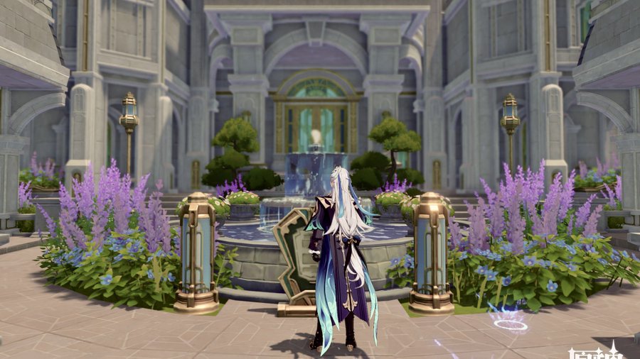 a rear view of the genshin impact character aether/lumine standing in a beautiful courtyard with a fountain. the courtyard is enclosed by elegant, lightgrey buildings with ornate details.  purple flowers and other greenery are planted in carefully arranged beds. the scene is bright and serene, showcasing the game's detailed visuals.  a glowing circular symbol is visible on the ground near the character.