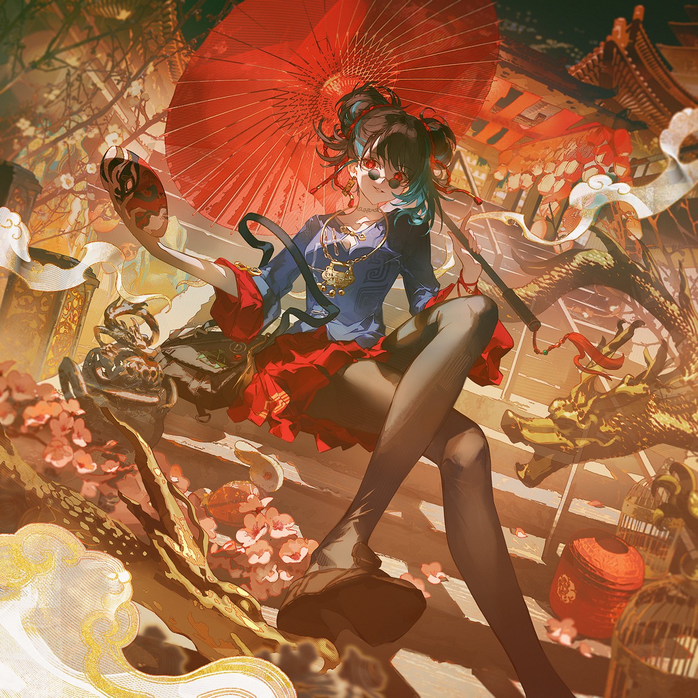 the image features a young woman in vibrant, traditional chinese clothing. she is perched on a ledge adorned with intricate carvings, holding a red parasol overhead. behind her, glimpses of ornate architecture and golden dragon statues hint at a festive atmosphere. the scene is bathed in warm sunlight, creating a sense of joy and celebration.  scattered around her are elements like lanterns, flowers, and decorative cloths, further enhancing the visual narrative of a cultural festivity.