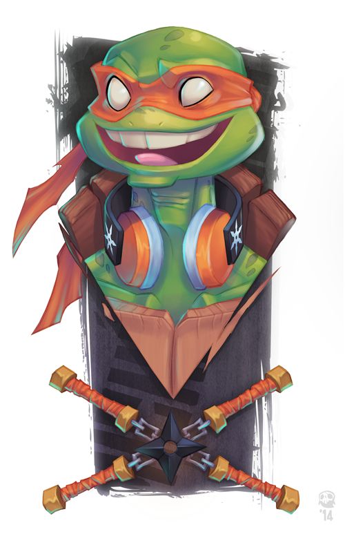 a cartoon illustration of michelangelo from the teenage mutant ninja turtles. michelangelo is wearing his signature orange mask and has headphones on. he is looking forward with a mischievous grin.  he is depicted in a dynamic pose with nunchucks, katana and a shuriken crossing his torso.