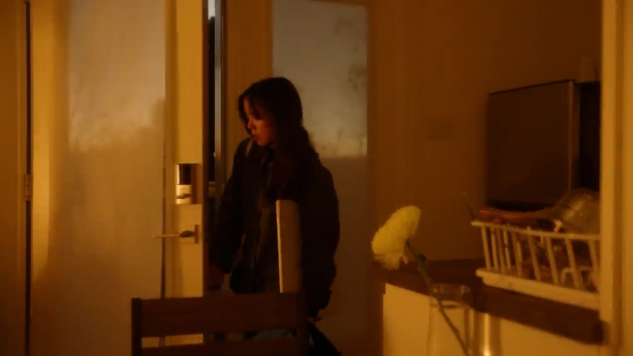 a young woman with long, dark hair is standing in a dimly lit apartment. she is wearing a dark jacket and is holding something in her left hand. she appears to be about to exit the room through a door on the left. the warm lighting creates a cozy atmosphere. to the right is a counter with a vase and white flower. a white basket sits on the counter in front of what appears to be a refrigerator.