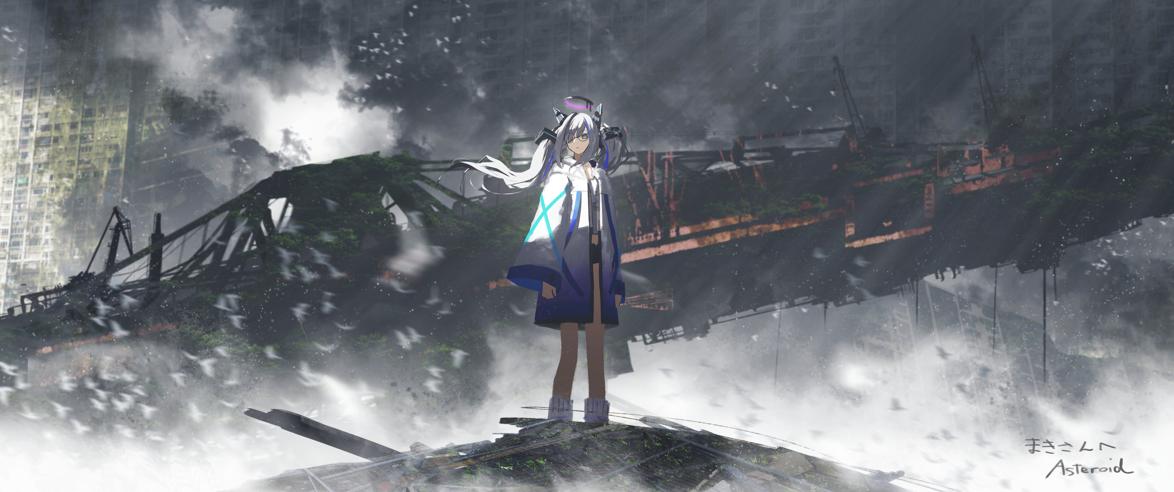 an anime girl stands atop a pile of rubble, facing away from the viewer towards a destroyed cityscape shrouded in smoke and fog. the bridge in the background appears severely damaged or destroyed. the girl wears a white and blue outfit, including a cape and thighhigh boots, and has white hair with purple highlights. the overall scene evokes a sense of desolation and loneliness, emphasizing the aftermath of a catastrophic event.