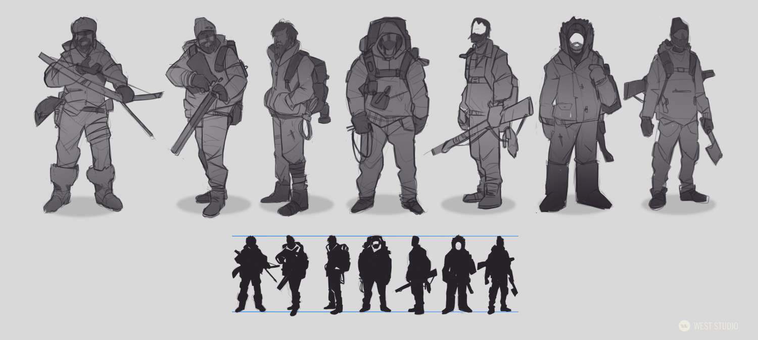 the image showcases a lineup of seven male characters, potentially designed for a video game or animation set in a winter environment. each character is clad in heavy winter clothing, including thick jackets, hats, and some with face coverings. they are armed with various weapons like rifles and possibly bows, suggesting a survival or postapocalyptic setting. the bottom row presents the characters' silhouettes, highlighting their diverse postures and equipment. the overall style is semirealistic with a focus on practicality and conveying a sense of cold and preparedness.