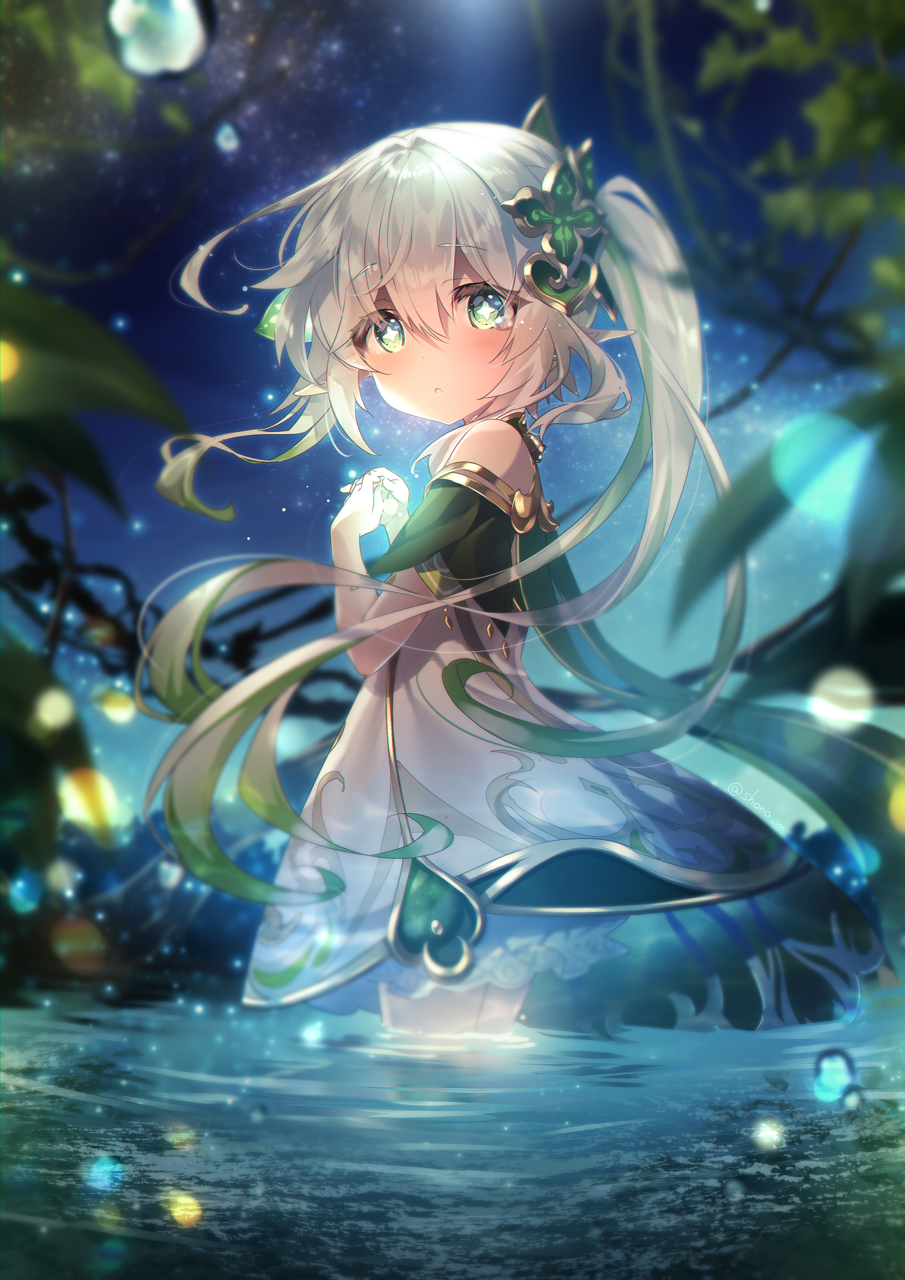 the image is a digital painting of a cute anime girl with long, flowing white hair and bright green eyes. she is wearing a beautiful, flowing green and white dress. the girl is standing in a serene body of water at night, surrounded by stars and glowing flowers. the overall mood is magical and peaceful.