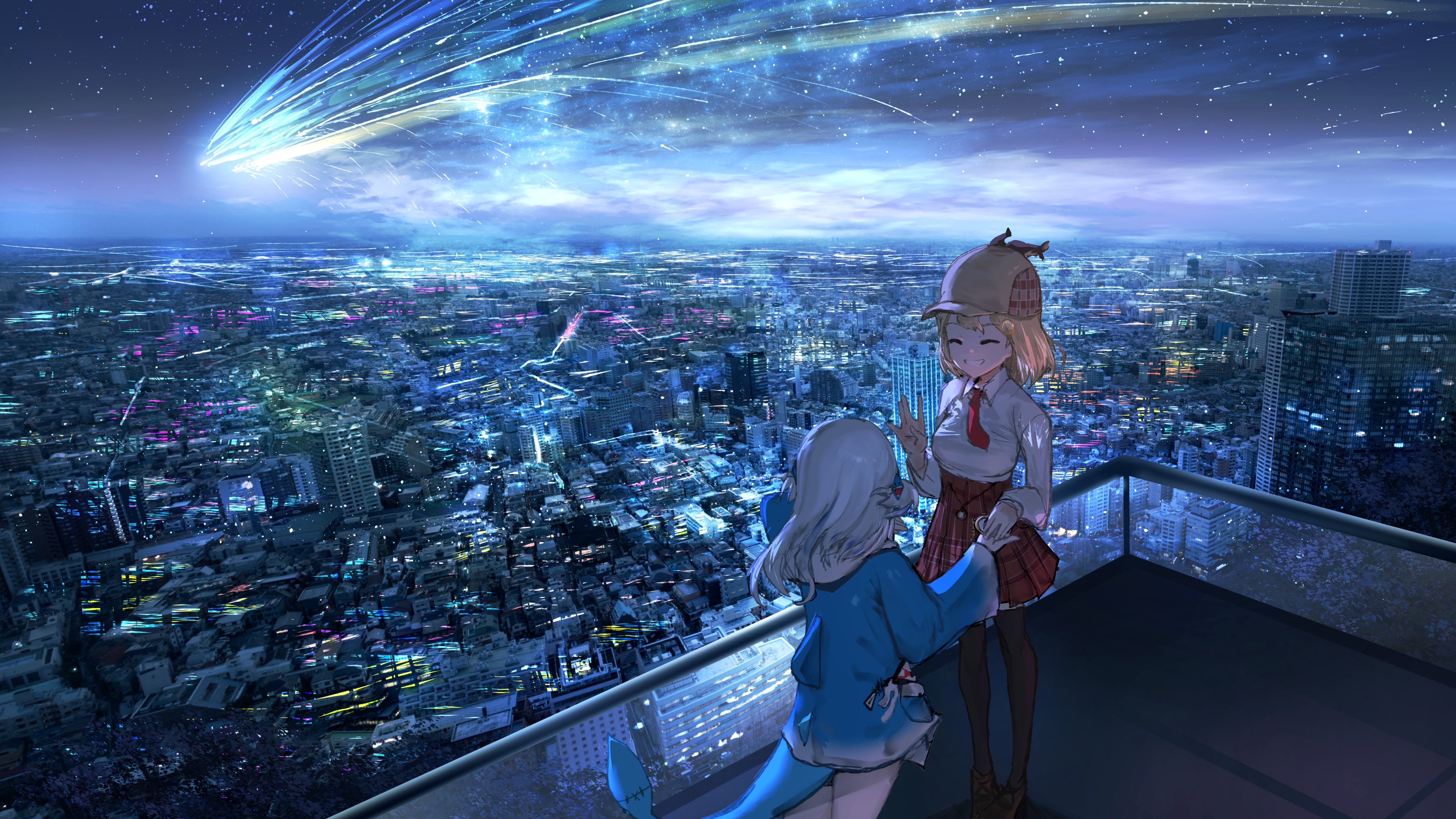 an illustration shows anime girls gawr gura and watson amelia on a roof overlooking a cityscape at night. a comet streaks across the sky.