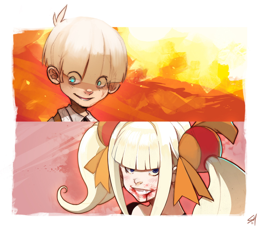 the image features two children, a boy and a girl, positioned one above the other. the boy, with pale skin, white hair, and piercing blue eyes, is set against a backdrop of a fiery inferno. he wears a mischievous grin. the girl, also with pale skin and white hair but with striking blue eyes and blood splattered on her face, is set against a softer, pink backdrop. her expression is fierce and determined. she has two orange ribbons tied to her hair.