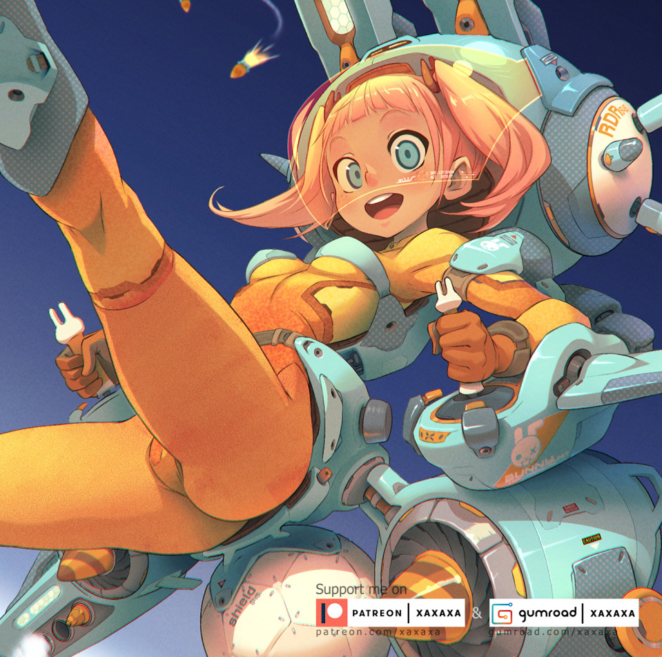 a colorful animestyle illustration of a young girl piloting a futuristic mech in the sky. the mech is bright blue and orange with large wings, and the girl is wearing a yellow and orange jumpsuit. she has pink hair and a big smile as she holds a weapon, presumably ready to fight. the illustration is full of energy and excitement, and the girl's playful yet determined expression gives it a unique charm.