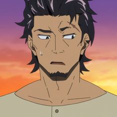 this is a digital drawing of a man with short, spiky black hair and a goatee. he has a scar over his right eye and another one on his left cheek. he is wearing a white shirt. the background is a sunset with orange, yellow, and purple colors. the man has a tear rolling down his cheek and a look of concern or sadness.
