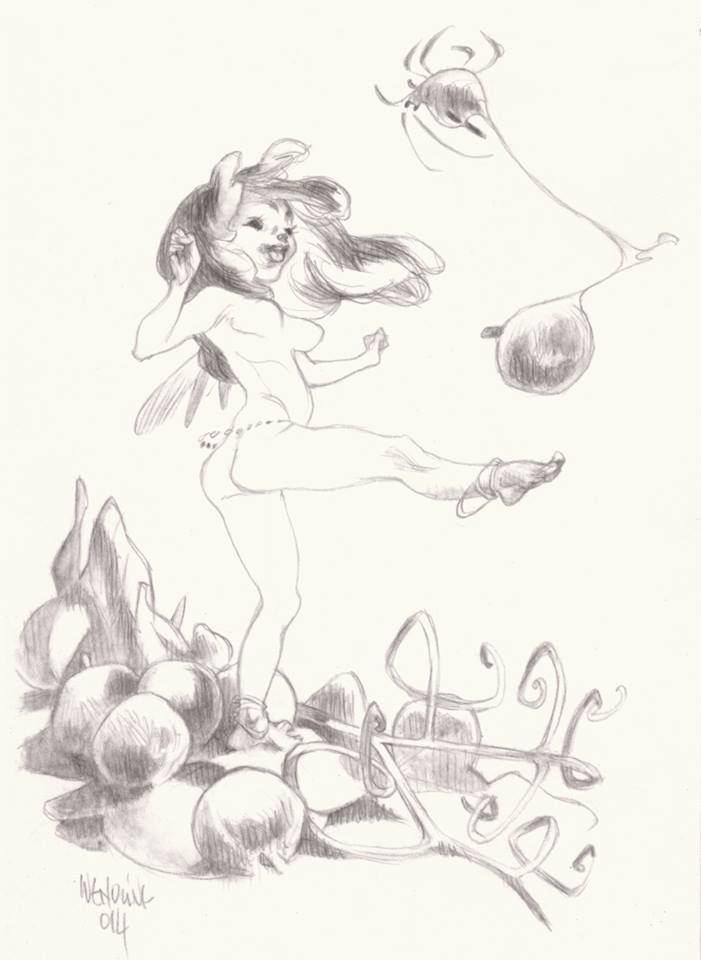 a pencil sketch depicts a nude fairylike woman with what appears to be rabbit ears, midkick at a hovering pod creature connected by a tendril to another podlike object. she is standing on a pile of rounded objects and twisted vines. the overall style is reminiscent of a whimsical, slightly grotesque cartoon. the woman has a dynamic pose with a visible expression.
