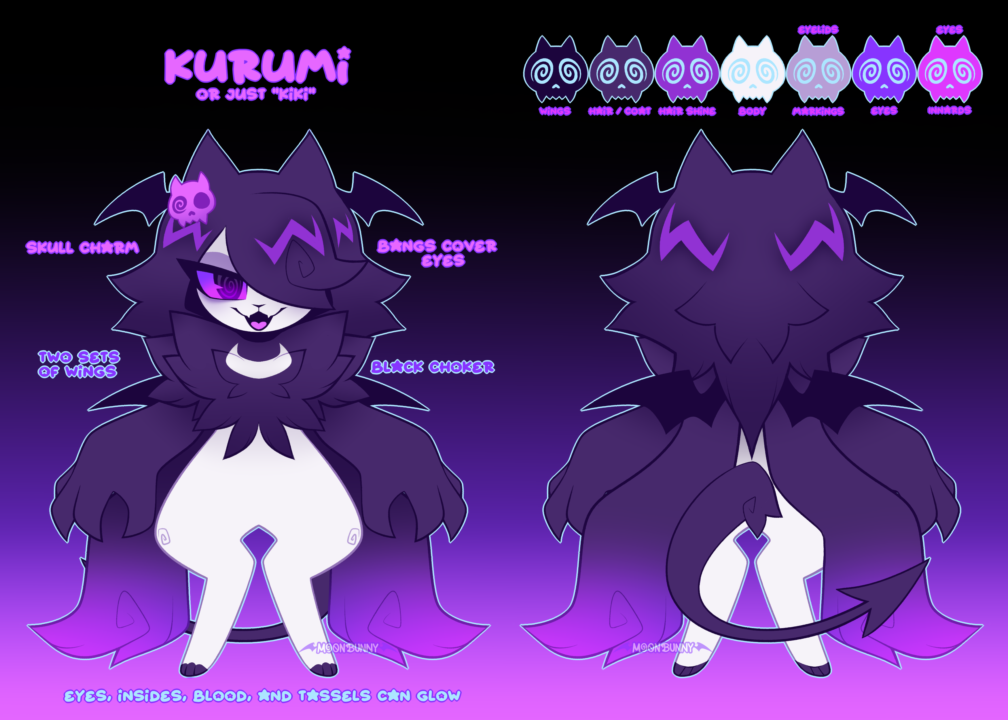 this is a character design of kurumi, also known as kiki, a demonlike creature with a white body and black wings. her eyes are covered by bangs, and she has a skull charm and black choker. her fur is purple and has hints of white. she is depicted in both a frontfacing and a backfacing view. the image includes details of her design and the glowing effects her eyes, inside, blood, and tassels can have.