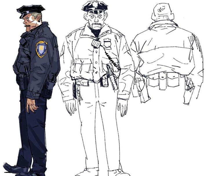 a sketch of a police officer. the image includes three different views of the officer, with the first view showing the officer from the side, the second showing the officer from the front, and the third showing the officer from the back. the officer is wearing a blue uniform with a black jacket, and a blue hat with a badge. the officer is carrying a gun in a holster on his belt. the sketch is drawn in black and white.