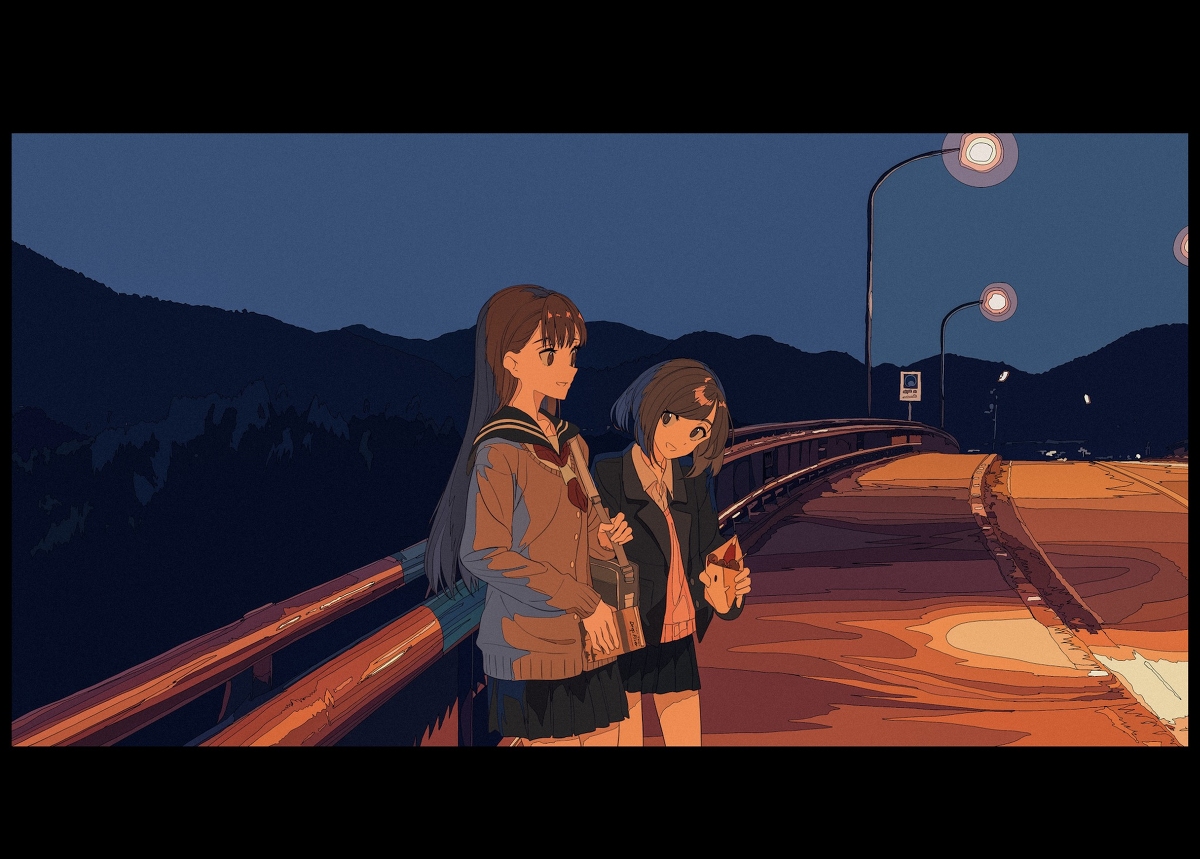 the illustration depicts two anime schoolgirls walking along a bridge at night. the bridge is situated against a backdrop of mountains, illuminated by streetlights. the girls appear to be engaged in conversation, one carrying a bag and the other holding what seems to be a small package. the overall mood is calm and peaceful, with the warm lighting contrasting against the cool night sky. the artistic style leans towards a slightly stylized realism, with a focus on soft color palettes and subtle details.