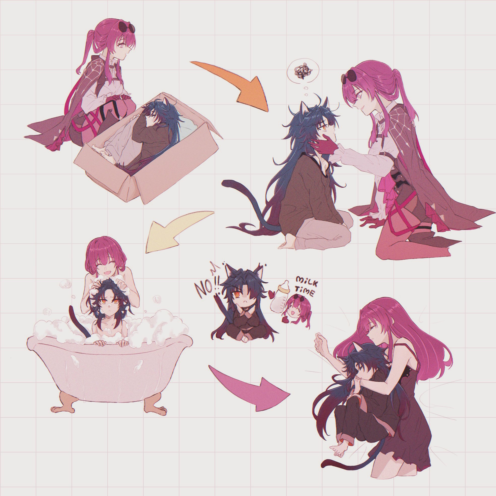 this image shows a series of four panels depicting anime girls interacting with one another in various scenarios. the first panel shows a girl with pink hair and glasses putting a girl with black hair into a box. the second panel shows a girl with pink hair with a cute kitten giving a playful kiss to a girl with black hair.the third panel shows a girl with pink hair washing the hair of a girl with black hair in a pink bathtub. the fourth panel shows a girl with pink hair cuddling a girl with blue hair, while a girl with purple hair watches on. the image is drawn in a vibrant and colorful style, with a focus on capturing the emotions and interactions between the characters. it is likely that this image is from a comic or a manga series.