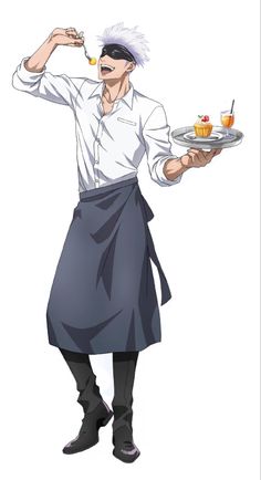 the image shows a male anime character dressed as a waiter. he is wearing a white shirt, black pants, and a black apron. he has spiky white hair and is wearing a blindfold over his eyes. he is holding a tray with a cupcake and a glass of orange juice on it. he is also holding a spoon in his other hand, as if he has just taken a bite of something. the background of the image is white.