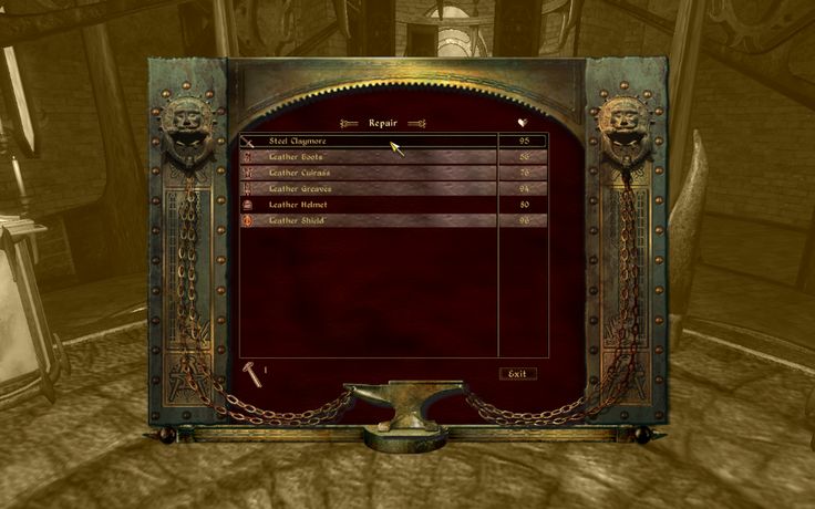 this is a screenshot from a video game that shows the repair menu of a blacksmith. the player is able to repair various leather items including boots, gauntlets, bracers, helmet and shield. the repair menu is open and the player can see the cost of repairing each item. the menu is designed to look like a metal and wood workbench with chains and locks.