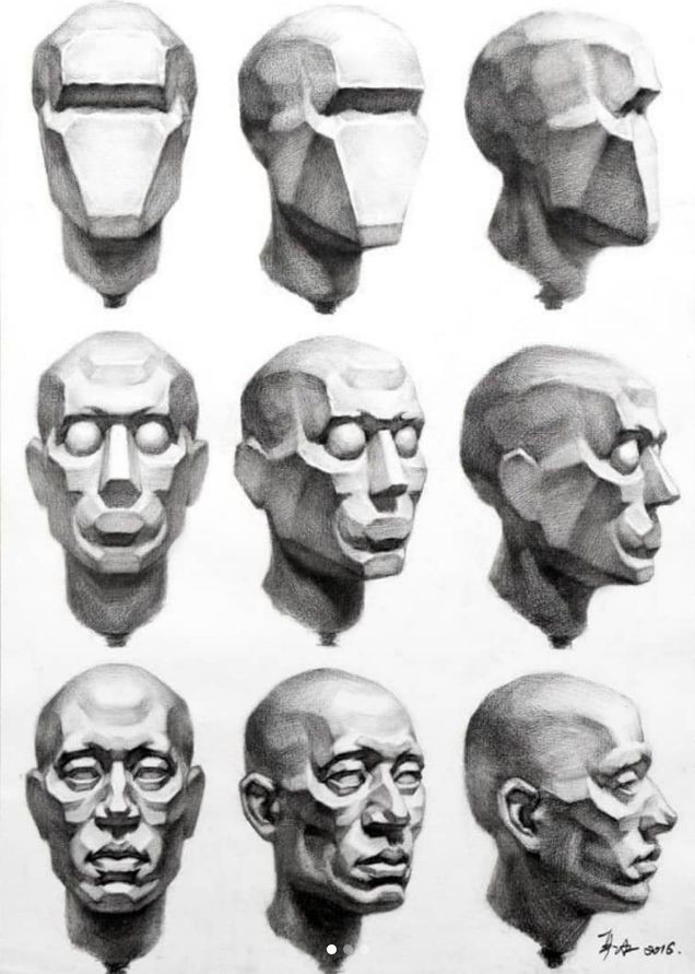 the image shows nine sketches of a human head.  the first three sketches show a simplified geometric representation of the head from different perspectives.  the next three sketches build upon those, adding more detailed features and musculature.  the final three sketches show a fully rendered head with realistic features and shading.  all sketches appear to be done in graphite.